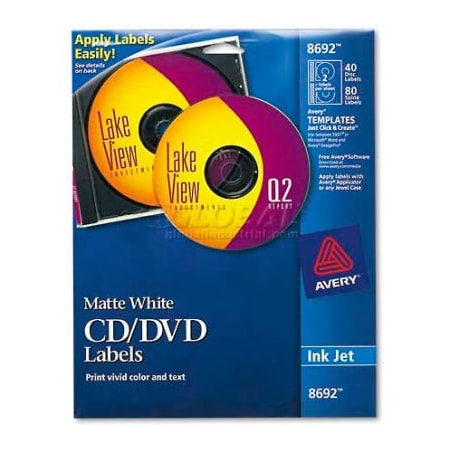 Avery Dennison Avery 8692 Inkjet CD/DVD Labels, Matte White, 40/Pack 8692